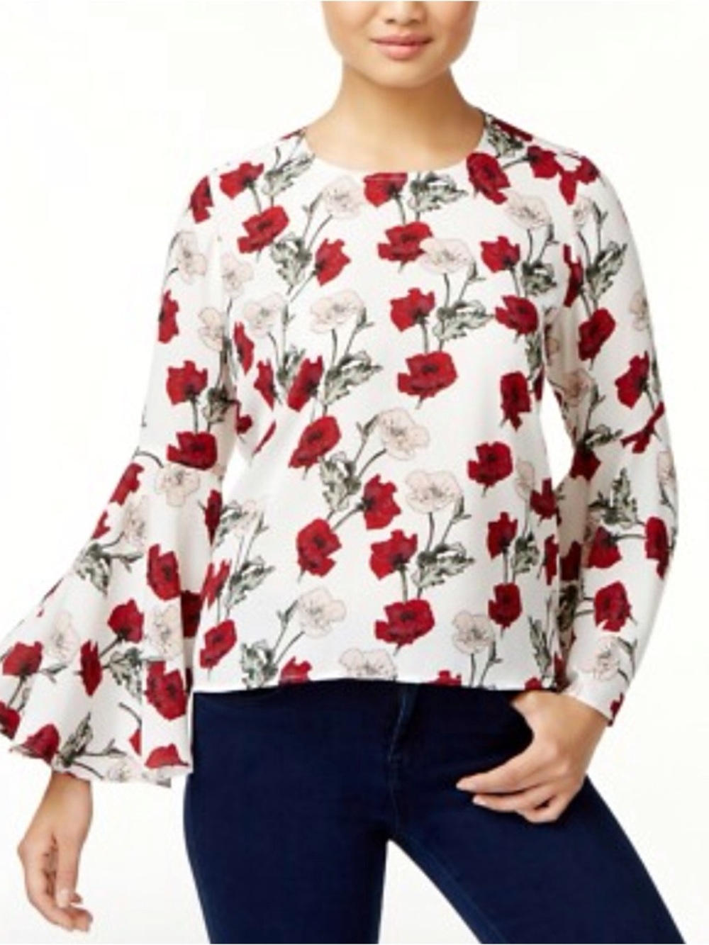 Vince Camuto white red floral bell sleeve blouse work top NWOT size medium